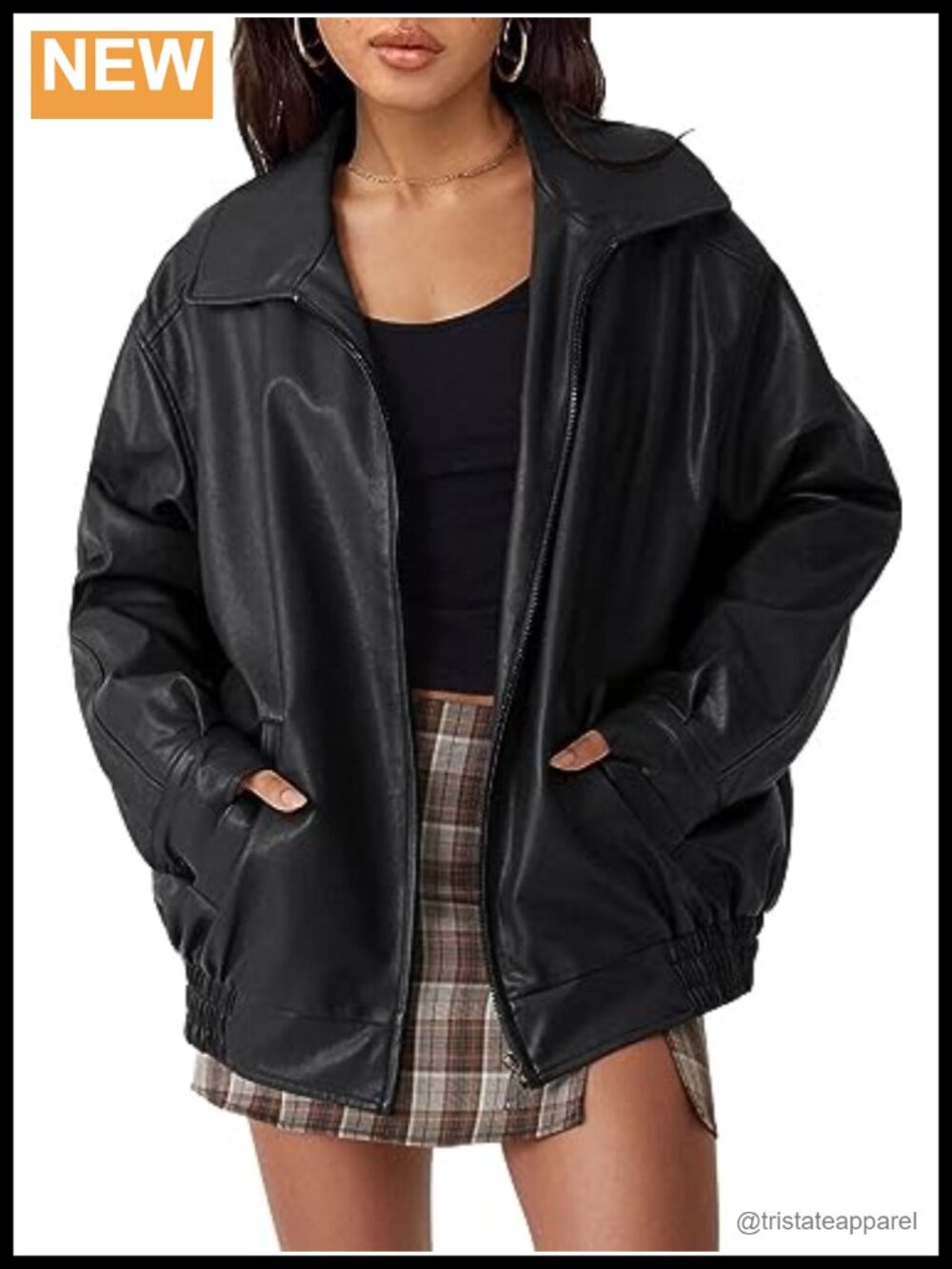 Oversized Faux Leather Moto Jacket Vegan Zip-Up